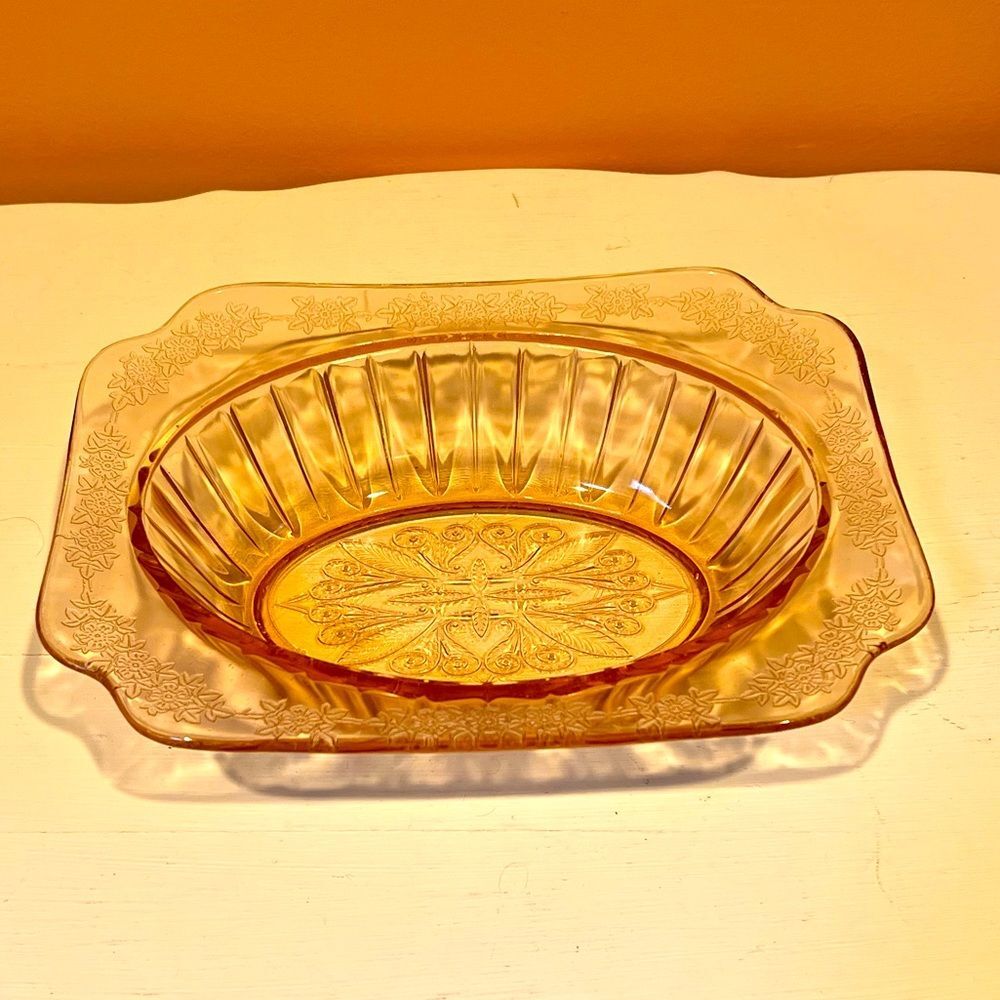 Jeanette Depression Glass Pink Adam Floral Etched Molded 1930’s Serving Dish
